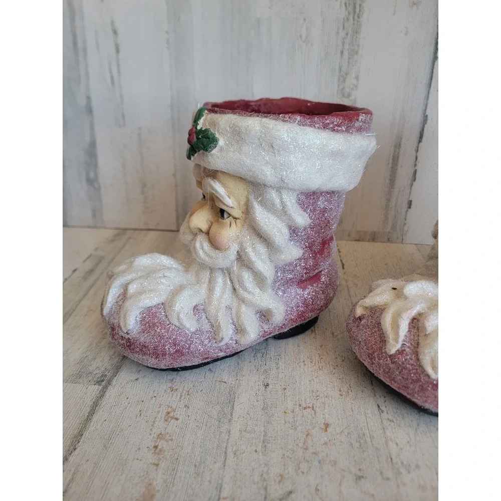 vintage Raz paper mache sugared Santa Claus boot shoes unique set glitter Xmas
